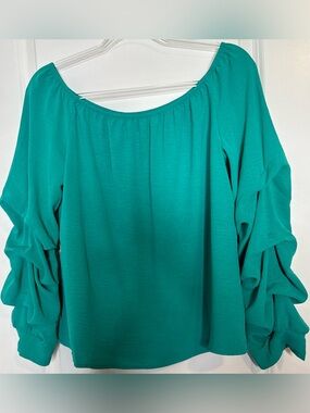 Women’s Ruffled tiered Sleeve Off-Shoulder scoop neck teal size large stretch